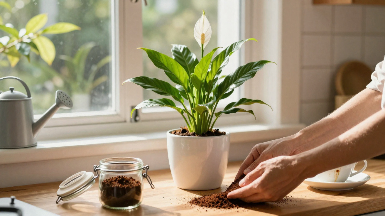 Pessoa colocando terra em vaso no peitoril de janela com regador, planta e pote de vidro com terra.