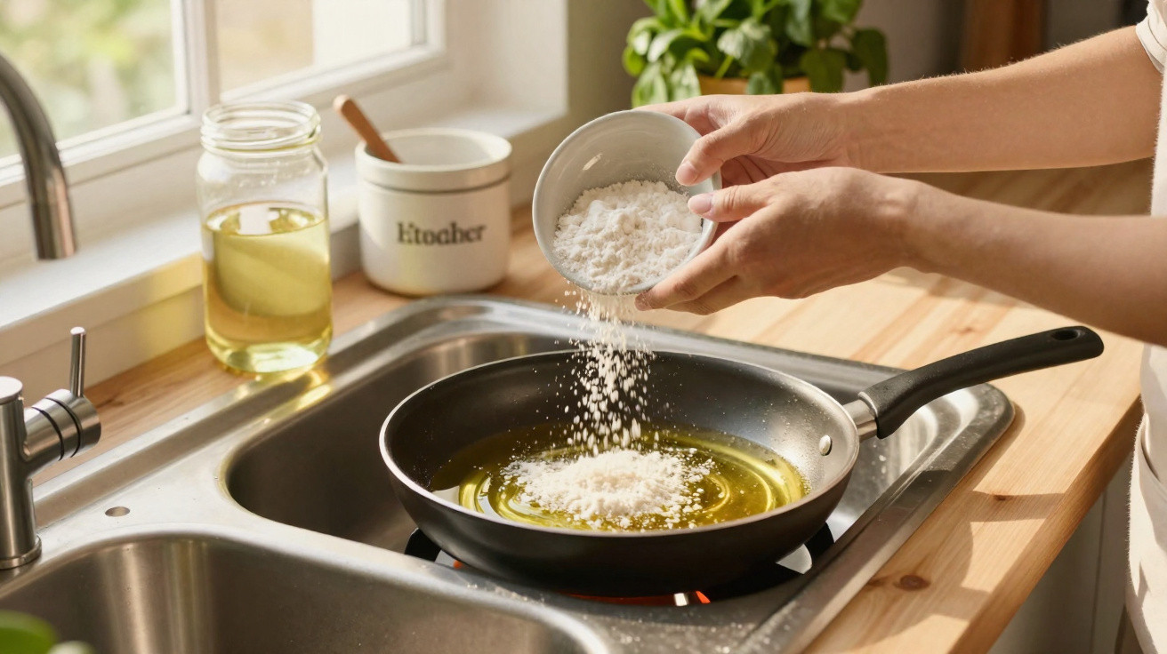 Pessoa despejando farinha em frigideira com óleo em fogão na cozinha iluminada pela luz natural.