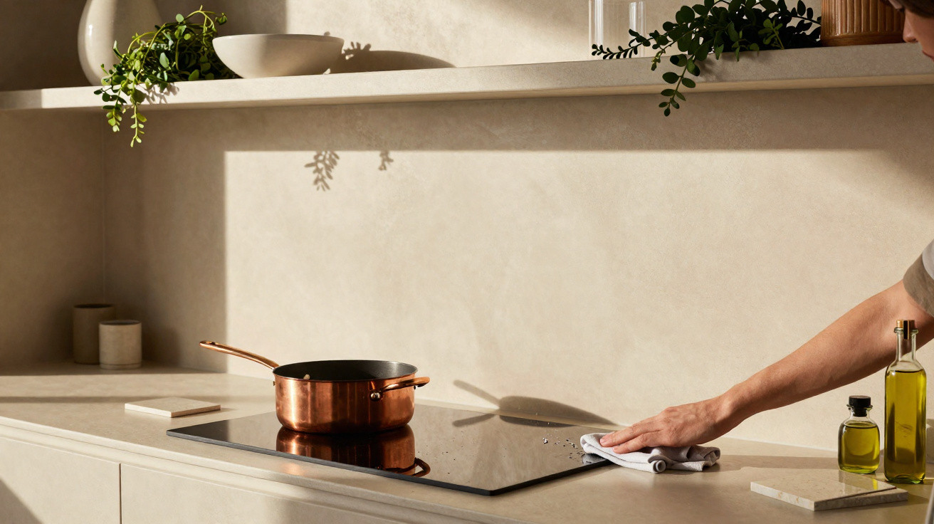 Mão limpando fogão de indução em cozinha minimalista com panelas de cobre e plantas decorativas.