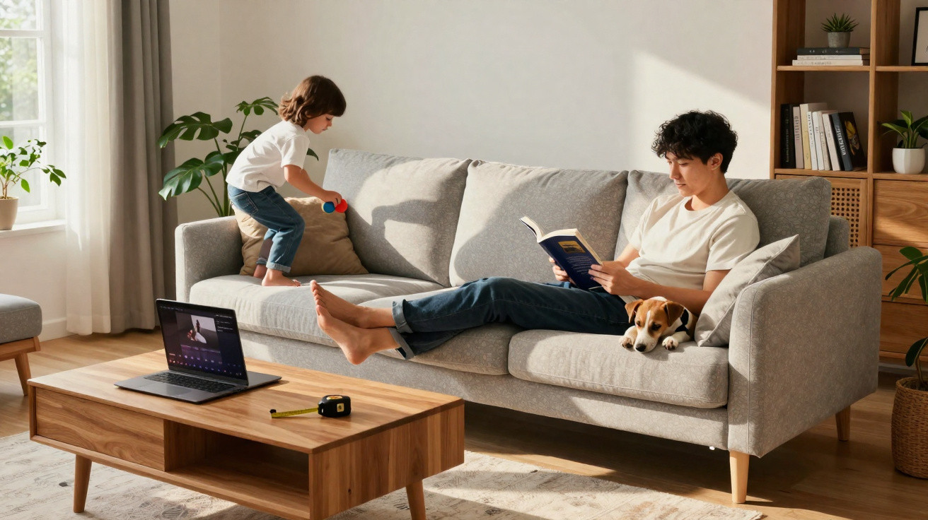 Homem lendo livro no sofá com cachorro, criança brinca ao lado, laptop e fita métrica na mesa de madeira.