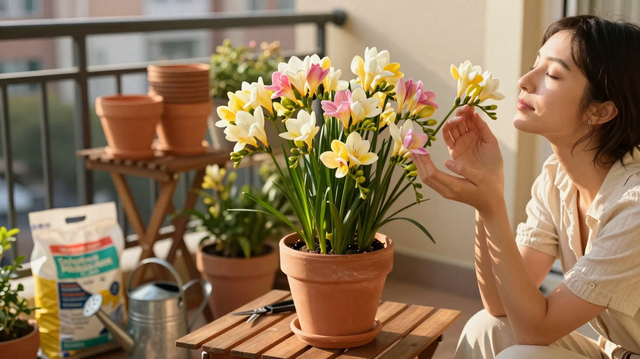 Mulher apreciando flores coloridas em vaso de barro em varanda ensolarada com utensílios de jardinagem.
