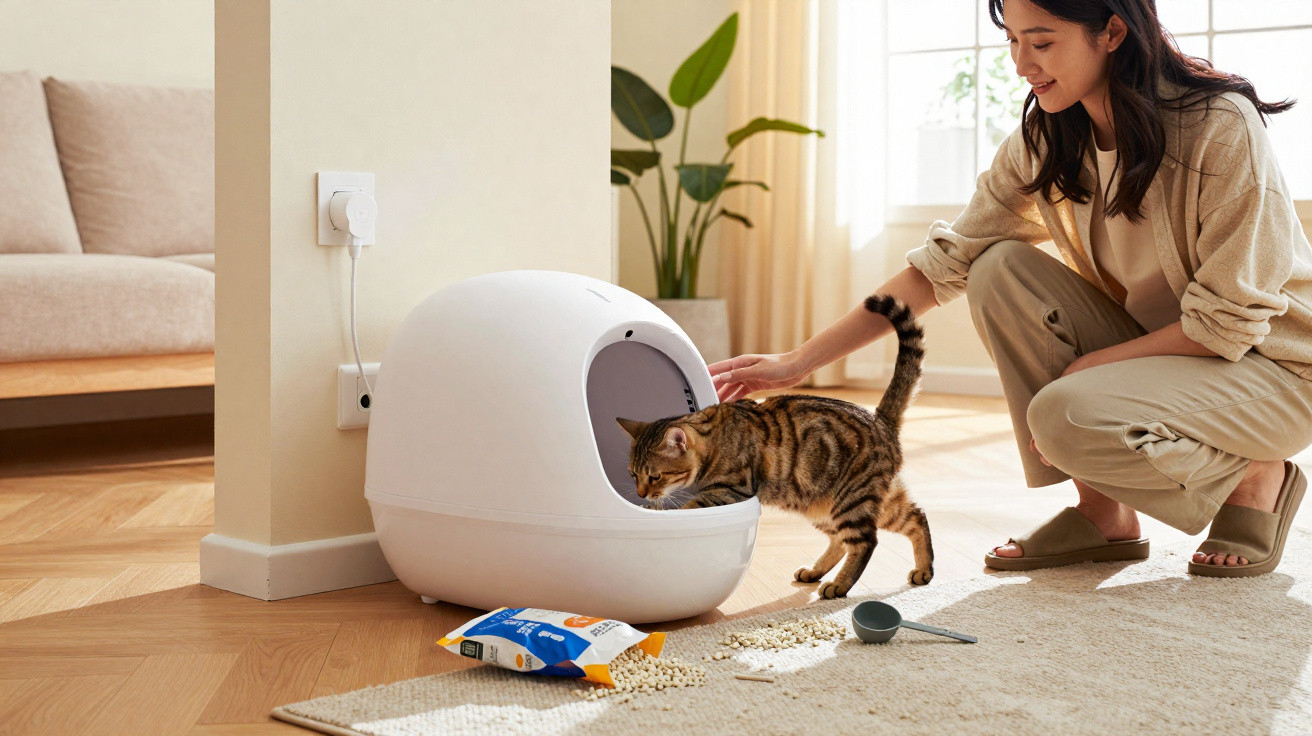 Mulher abaixada acaricia gato que come em alimentador automático branco em sala iluminada.