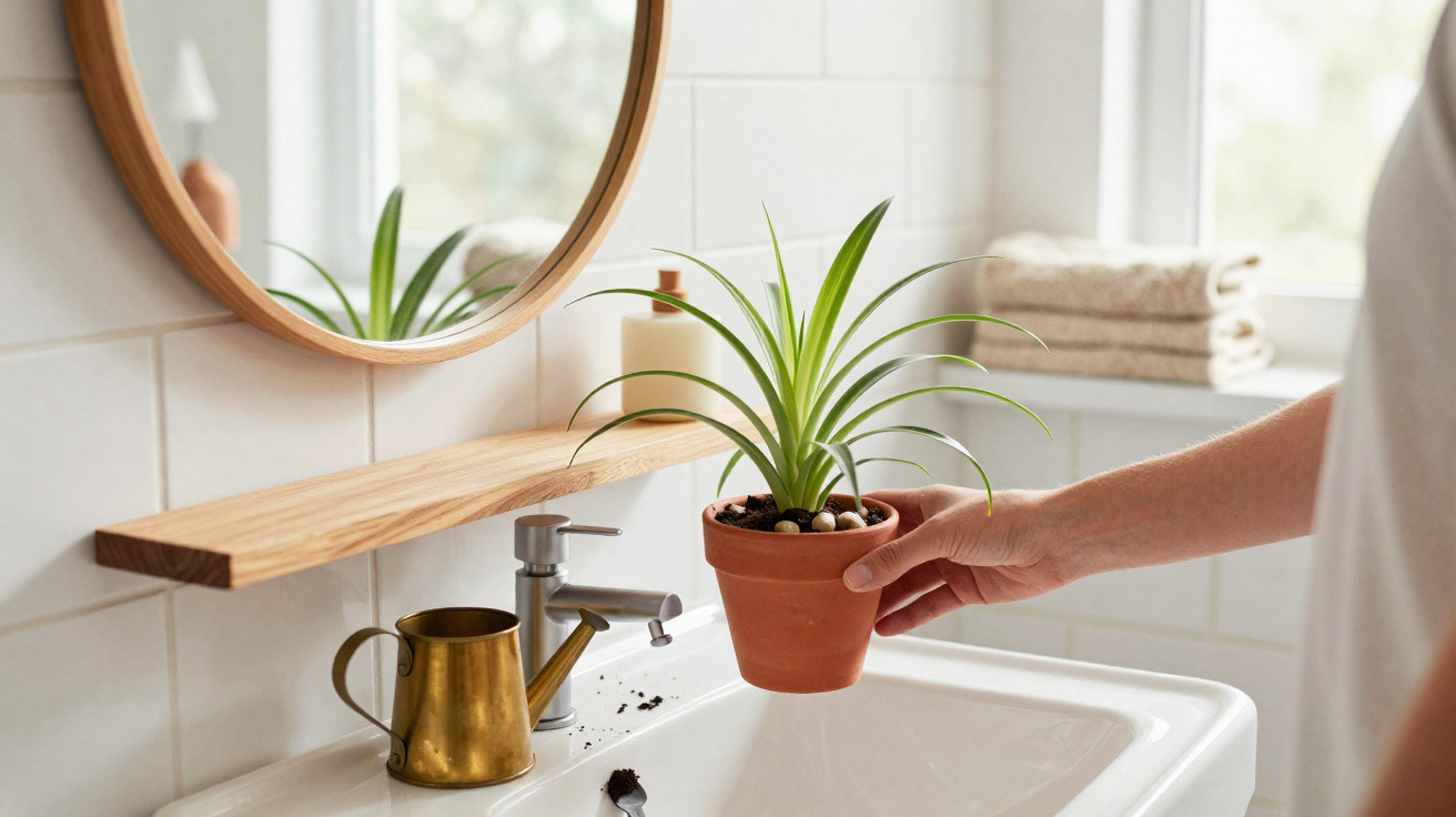 Pessoa segurando vaso de planta com regador e espelho no banheiro iluminado.
