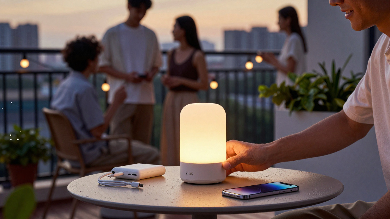 Pessoa ajusta luz de abajur em mesa externa com celular, carregador e pessoas ao fundo ao entardecer.