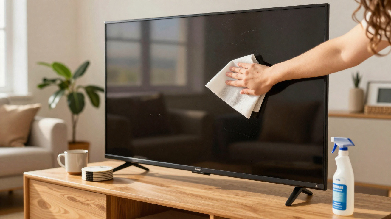Pessoa limpa a tela de uma televisão em sala de estar com mesa de madeira e planta ao fundo.