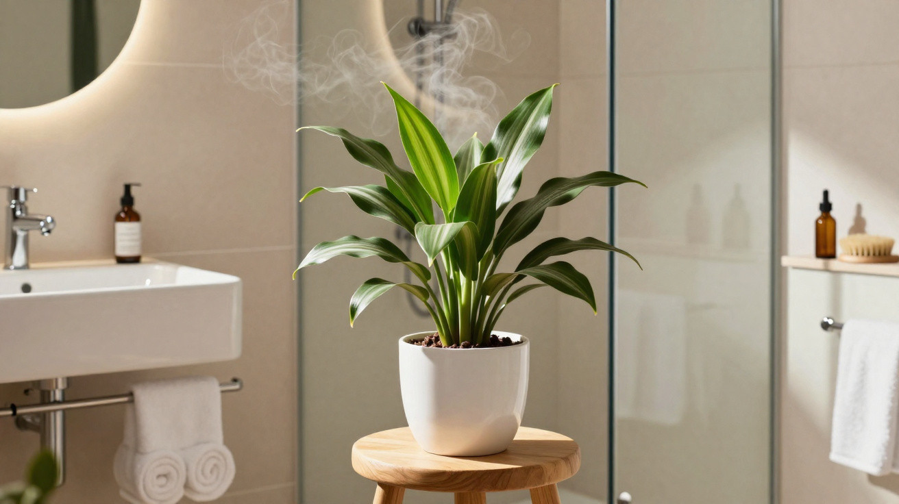 Vaso branco com planta verde emitindo vapor sobre banco de madeira em banheiro moderno e iluminado.