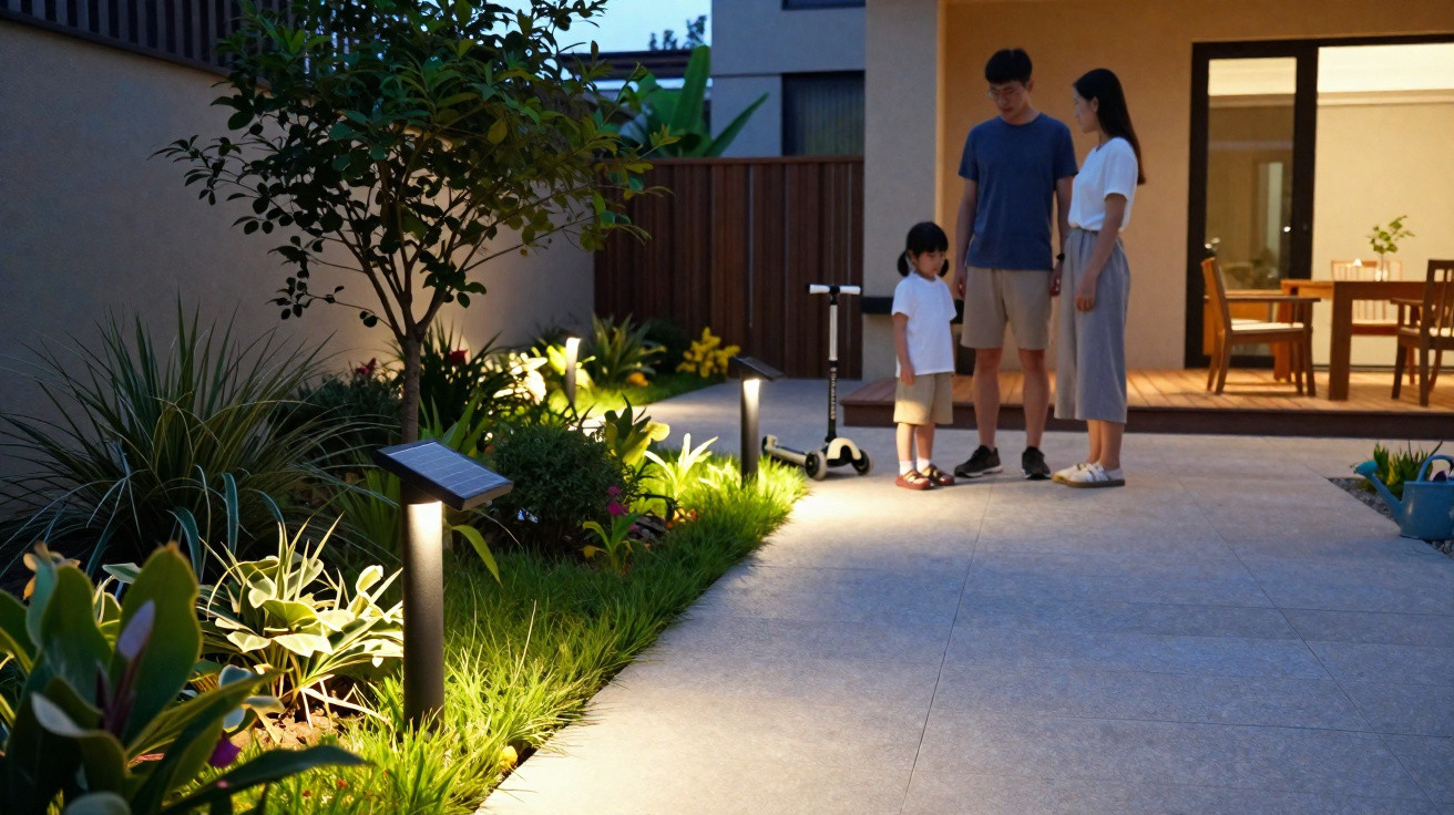 Família com criança parada em jardim iluminado por lâmpadas solares ao entardecer próximo à casa.