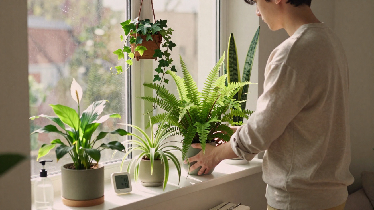 Pessoa cuidando de vasos com plantas verdes em um parapeito de janela iluminado pela luz natural.