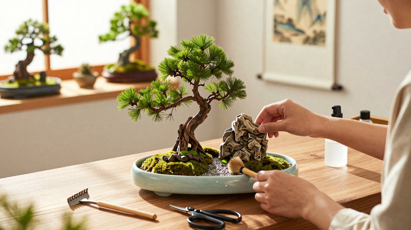 Pessoa cuidando de bonsai em vaso com musgo, pincel e arrumando pedra decorativa sobre mesa de madeira.