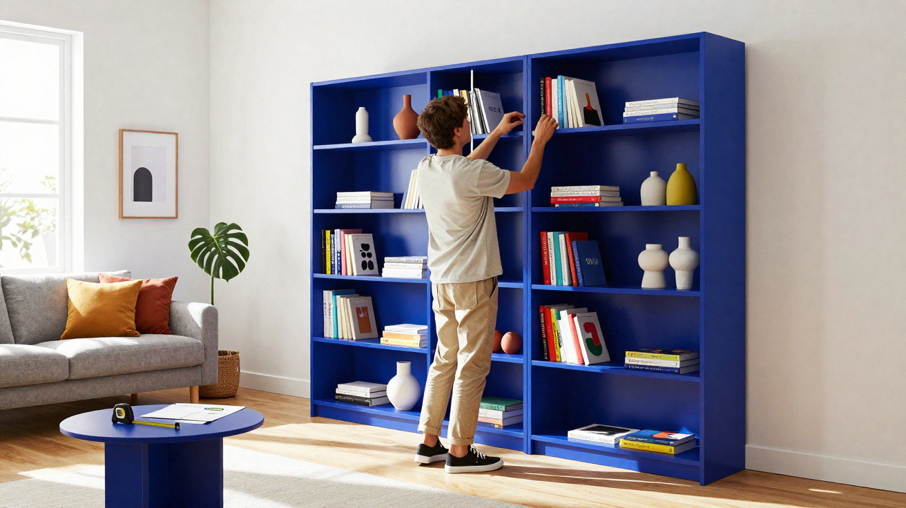 Pessoa organizando livros em estante azul em sala de estar com sofá cinza e mesa redonda azul.