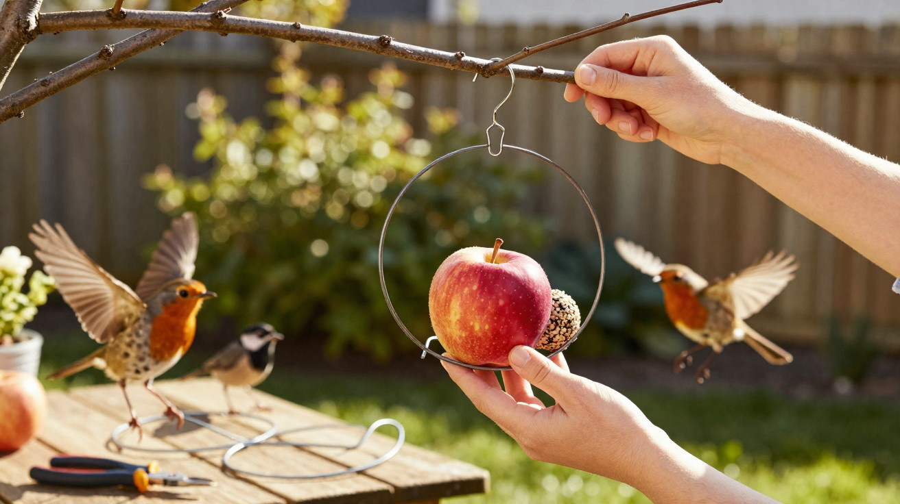 Mãos pendurando comedouro com maçã e bola de sementes em galho, com pássaros voando ao redor no jardim.