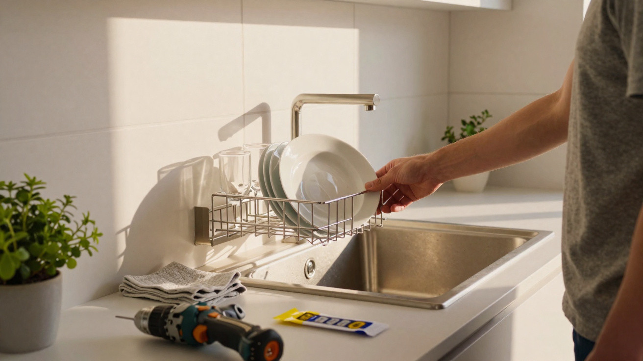Pessoa instalando suporte metálico com pratos e copos próximo da pia de cozinha branca.
