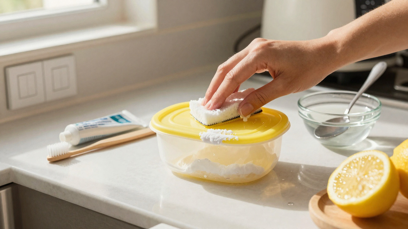 Mão limpando tampa amarela com esponja branca e bicarbonato em recipiente na bancada da cozinha.