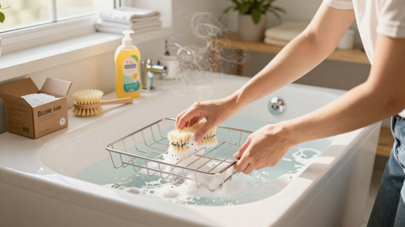 Pessoa lavando escovas com cerdas em banheira com água e espuma, ao lado produtos de limpeza.