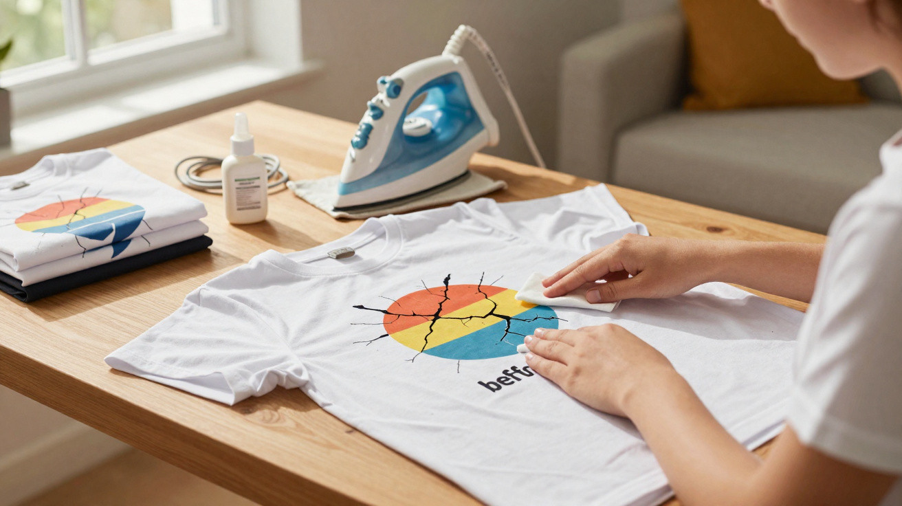Pessoa passando cola em camiseta branca com estampa colorida rachada na mesa de madeira, ferro de passar ao fundo.