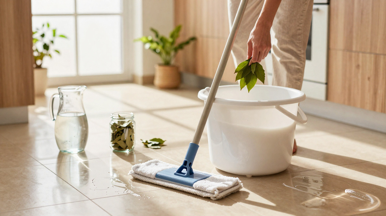 Pessoa limpando chão da cozinha com esfregão úmido perto de balde branco e jarros com folhas verdes.