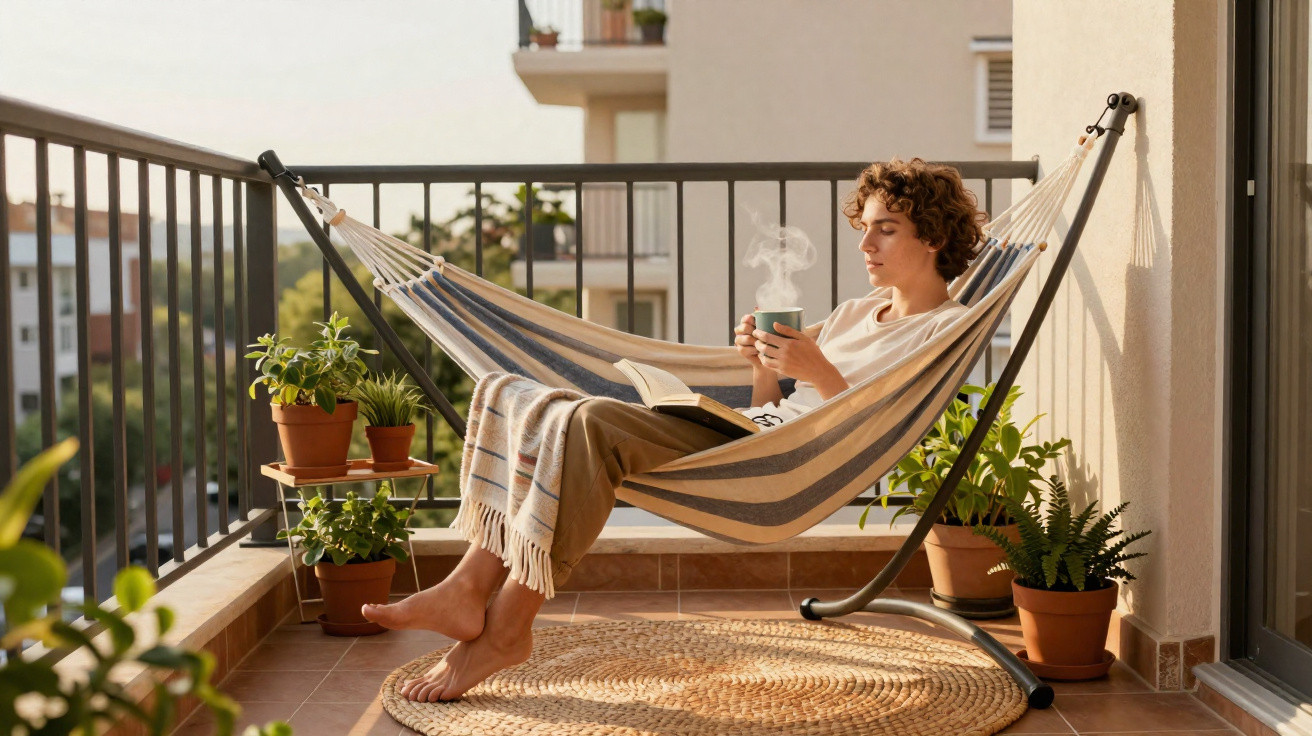 Pessoa relaxando em rede na varanda, lendo livro e tomando bebida quente, com plantas ao redor.