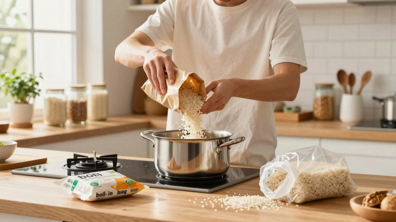 Pessoa despejando arroz em panela na cozinha moderna com ingredientes e utensílios ao redor.