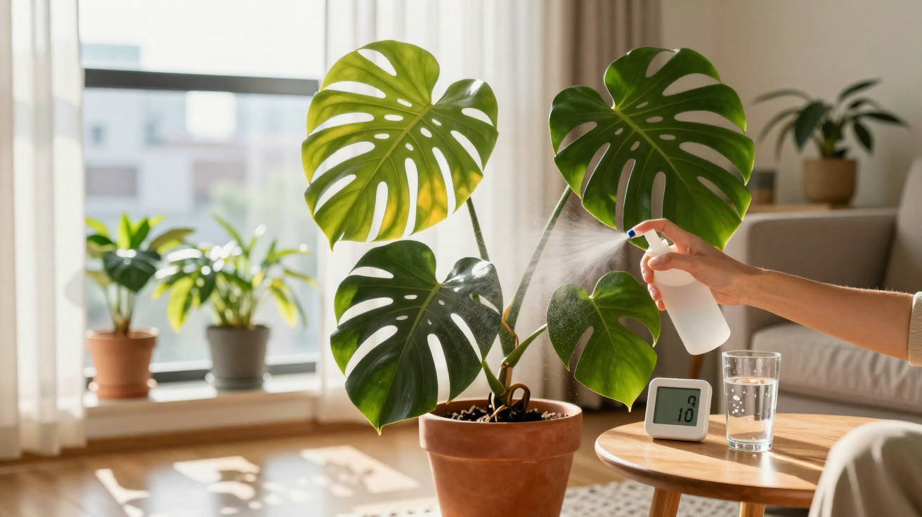 Pessoa borrifando água em planta monstera em vaso em sala iluminada por luz natural.