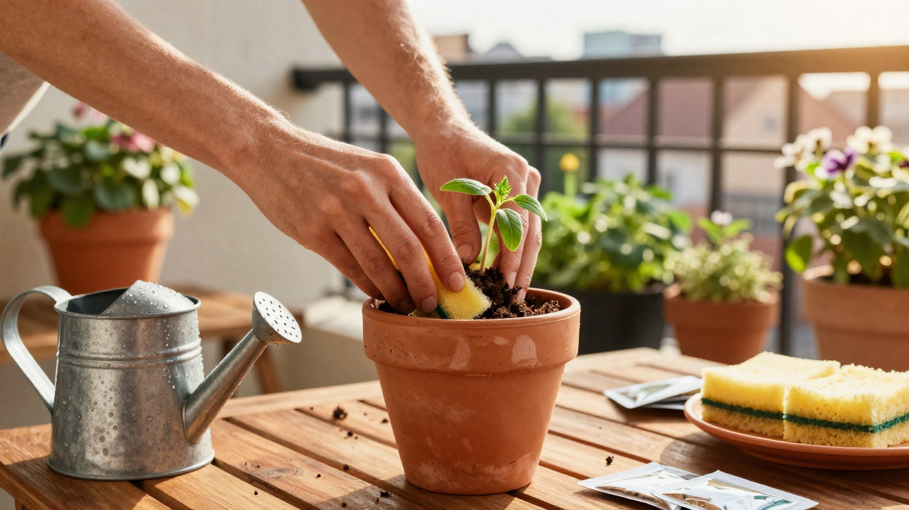 Mãos cuidando de uma planta jovem em vaso de barro, com regador e esponja sobre mesa de madeira.