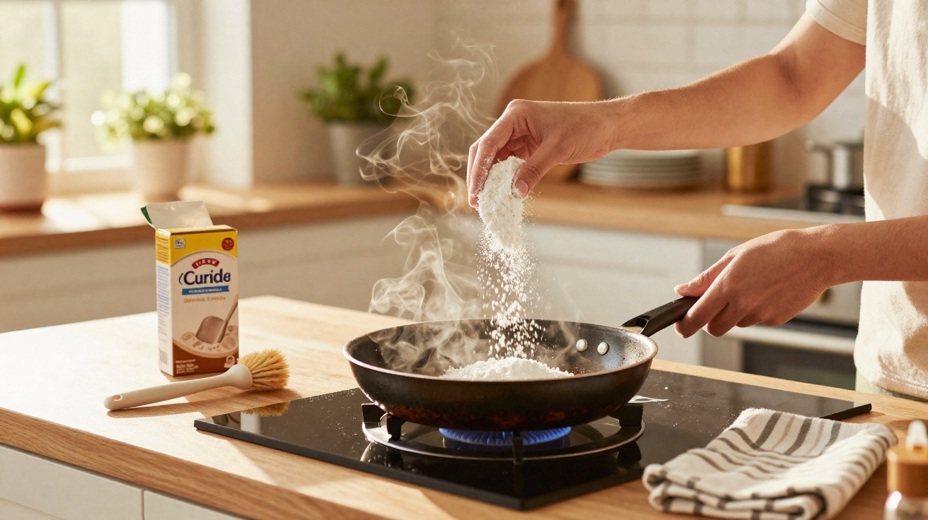 Pessoa adiciona farinha em frigideira com vapor em fogão na cozinha ensolarada.