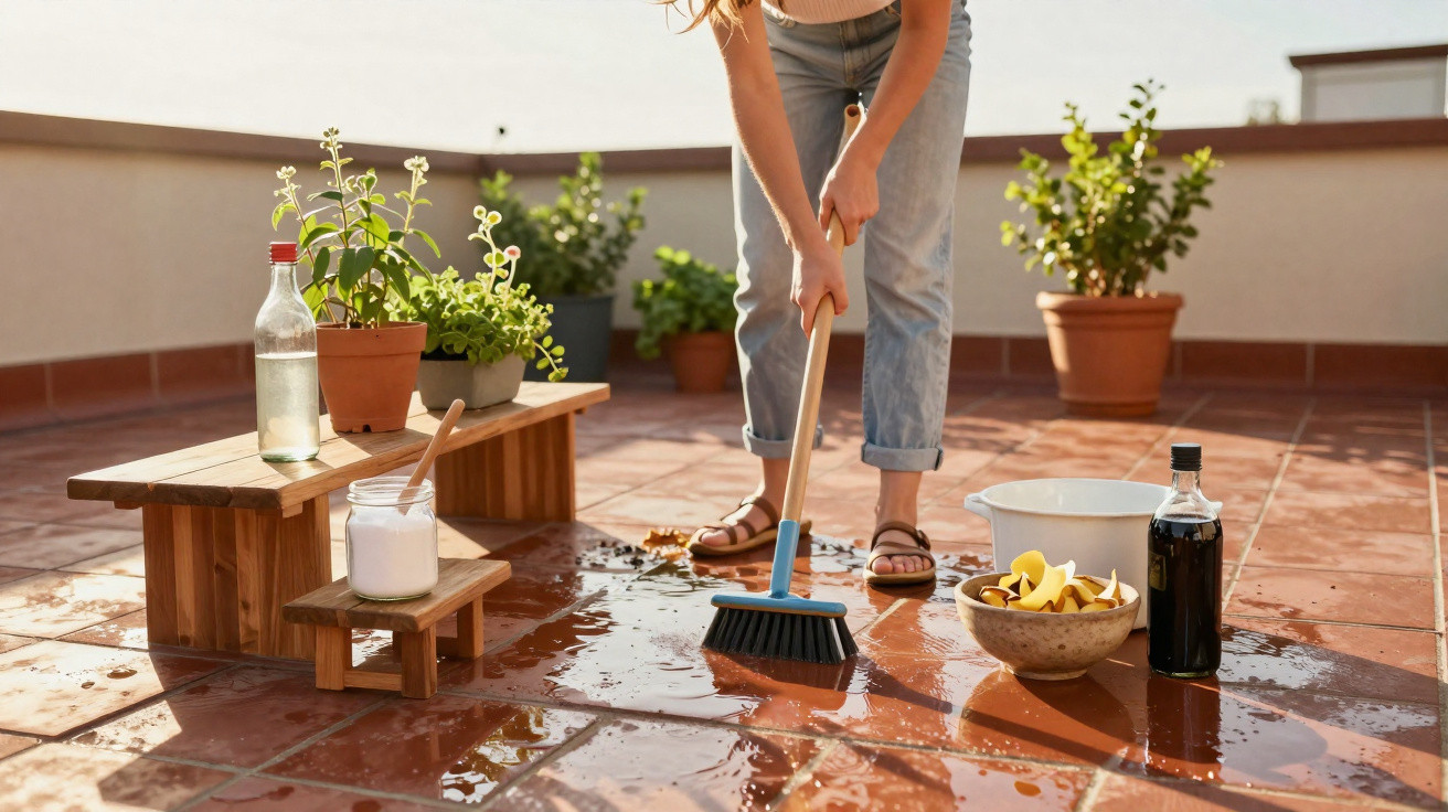 Pessoa varrendo água e folhas secas no chão de terraço com plantas em vasos ao fundo.