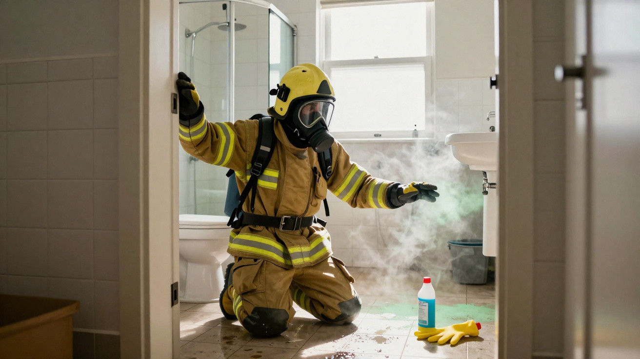 Bombeiro de equipamento completo em banheiro com fumaça tentando conter vazamento no chão.