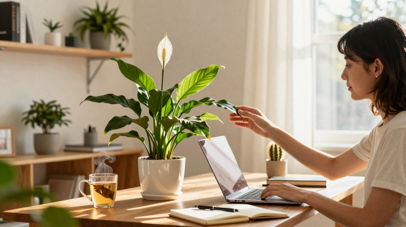 Mulher trabalhando em laptop em mesa de madeira com planta, caderno, caneta e xícara de chá fumegante.