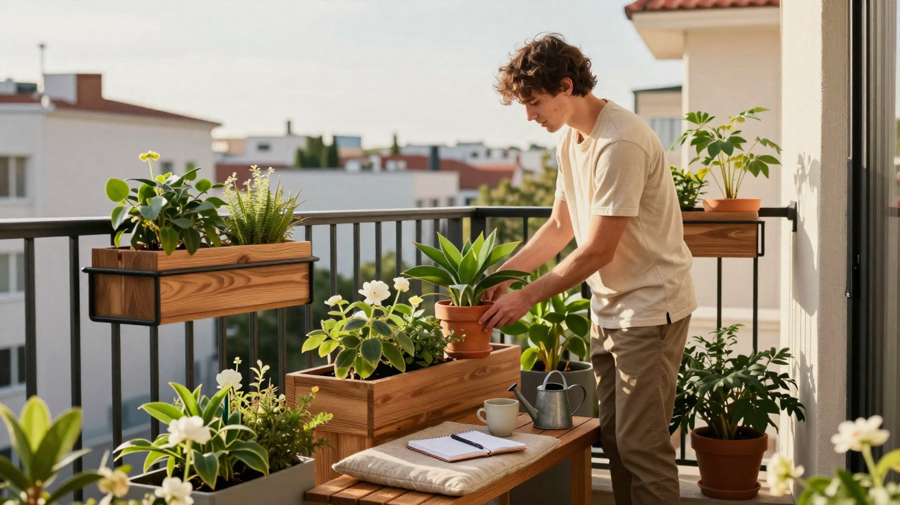 Jovem cuidando de plantas em vasos de madeira na varanda ensolarada de um apartamento.