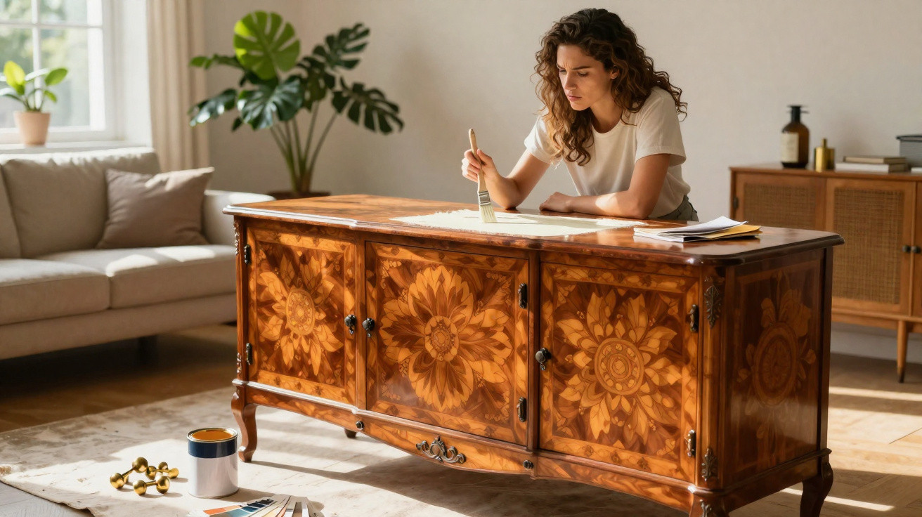 Mulher restaurando móvel antigo de madeira com pincel em sala iluminada e plantas.
