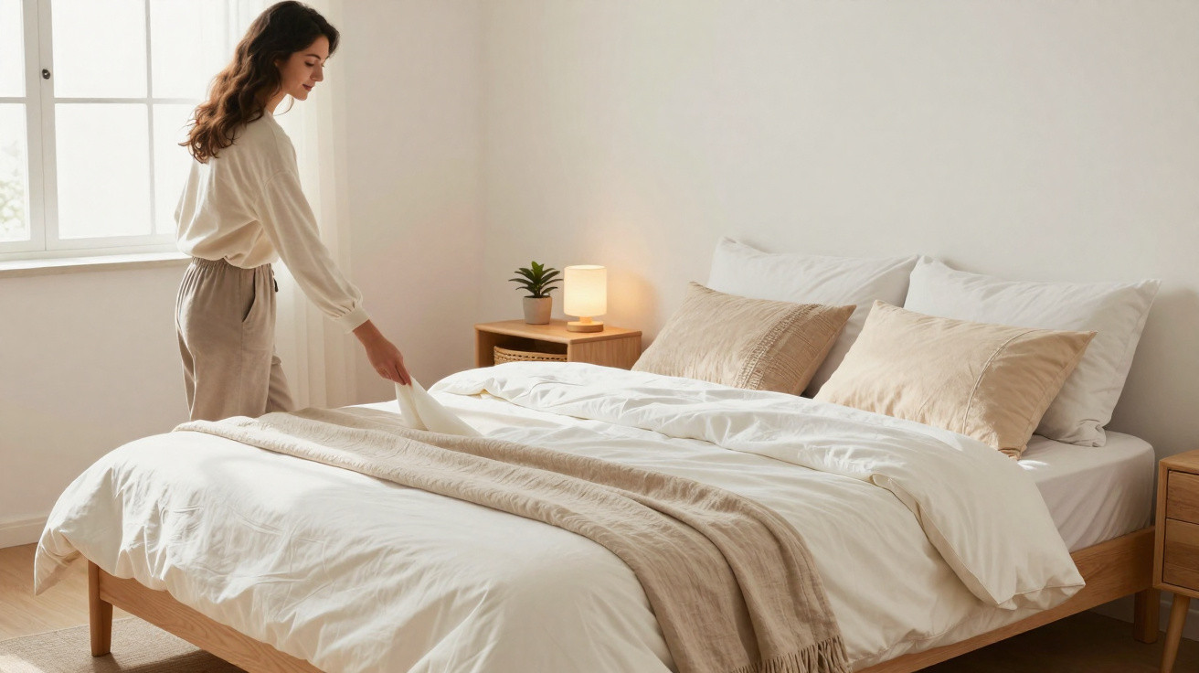 Mulher arrumando cama com roupa de cama branca e bege em quarto minimalista iluminado pela luz natural.