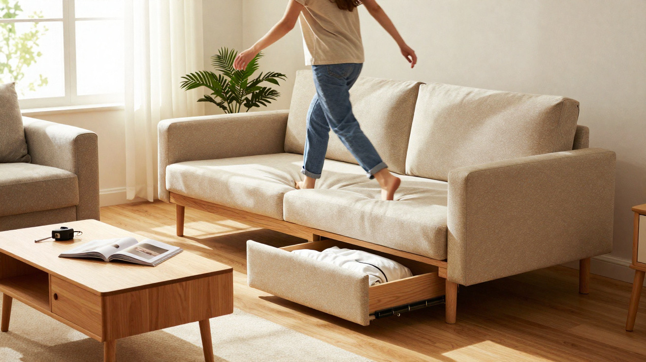 Pessoa caminhando sobre sofá bege com gaveta aberta em sala iluminada e décor minimalista.