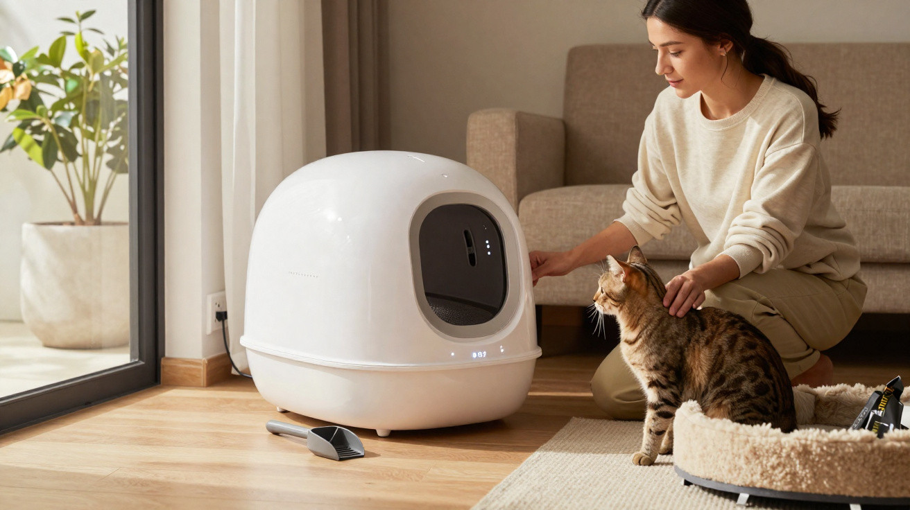 Mulher agachada ao lado de gato e caixa de areia automática branca em sala iluminada.