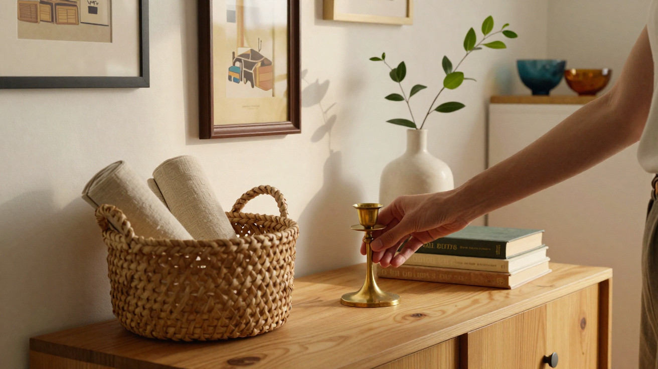 Mão posicionando castiçal dourado sobre móvel de madeira com cesta, livros e vaso com planta.