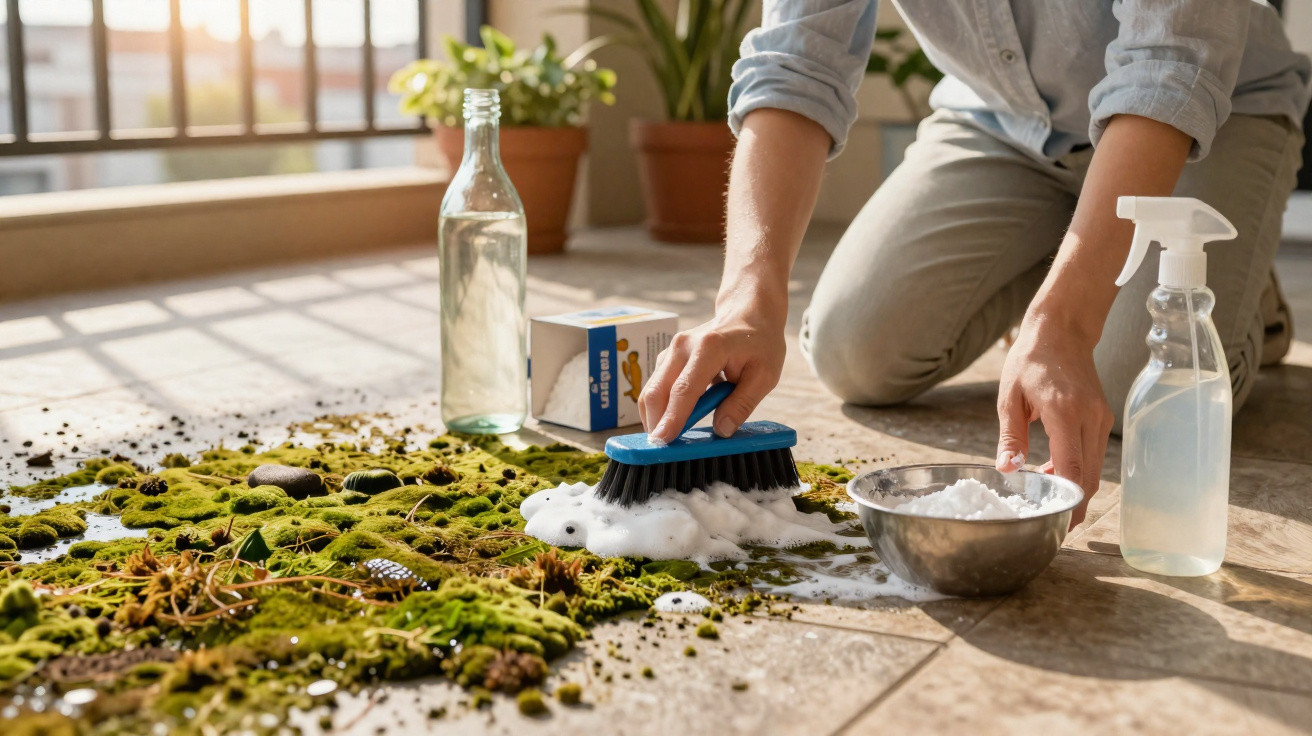 Pessoa limpando musgo do piso com escova, sabão em pó e spray de limpeza em ambiente ensolarado.