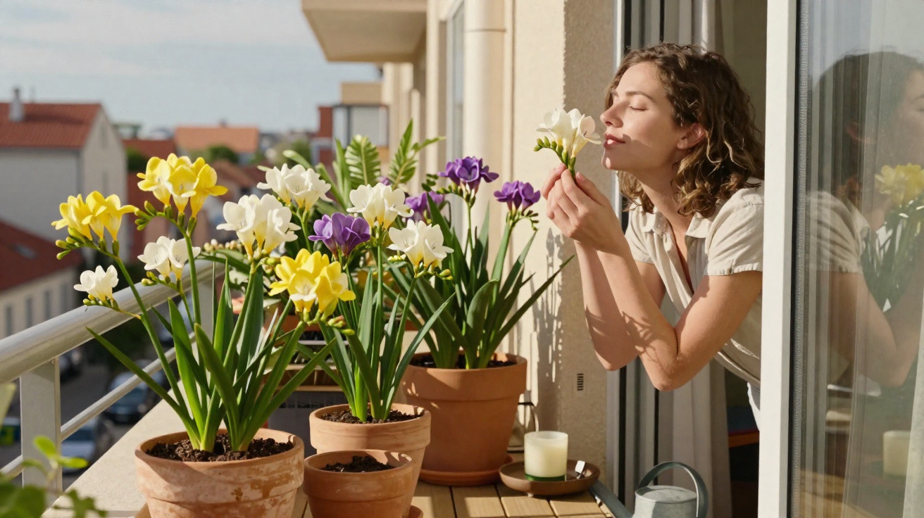 Mulher branca cheirando flores coloridas em vasos no parapeito de uma janela ensolarada.