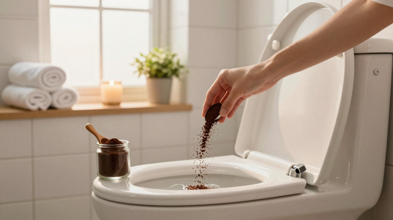Mão feminina despejando produto em pó no vaso sanitário branco em banheiro bem iluminado com toalhas e vela ao fundo.