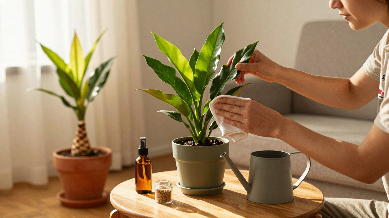 Pessoa limpando folhas de planta em vaso com regador e frascos sobre mesa de madeira.