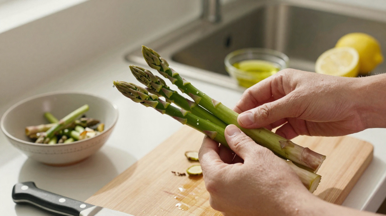 Mãos segurando três aspargos verdes sobre tábua de corte em cozinha com utensílios ao fundo.