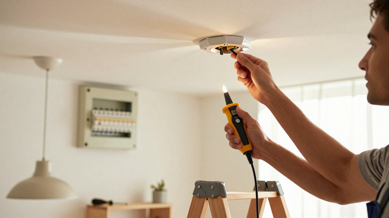 Homem no topo de escada instalando detector de fumaça no teto de sala iluminada.