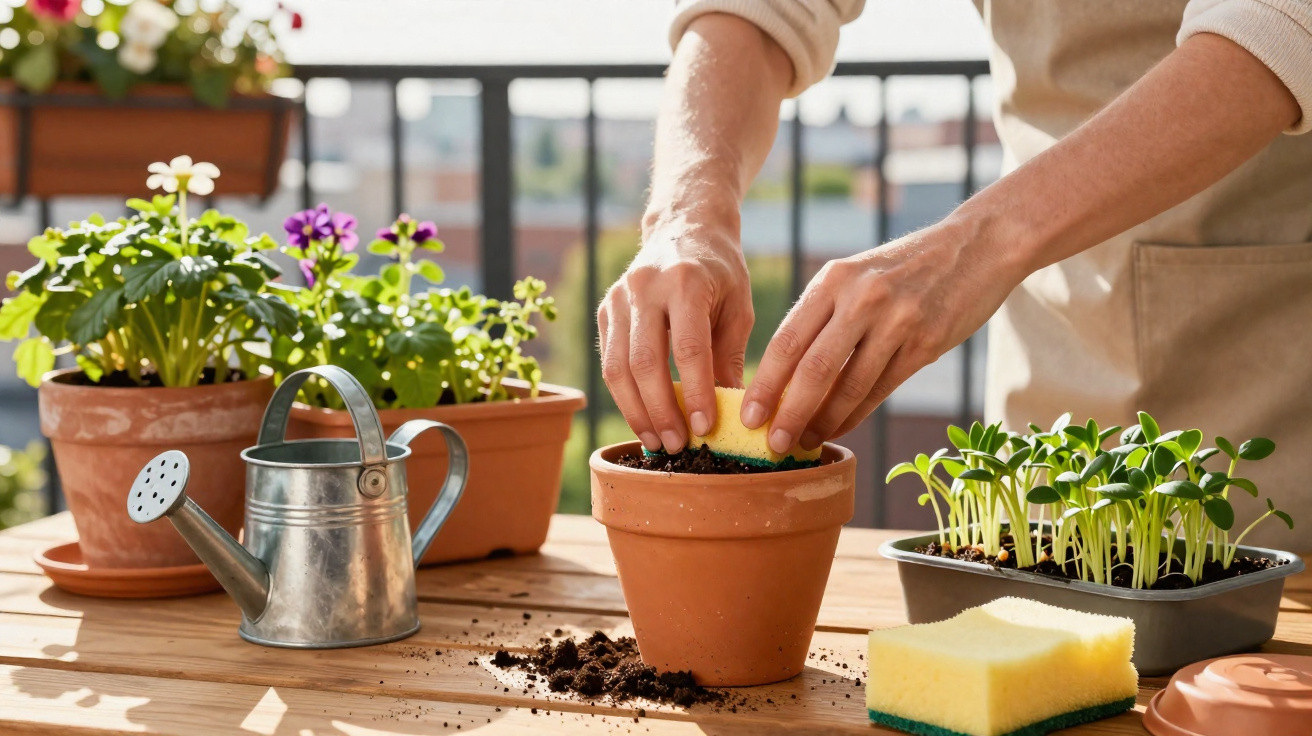 Pessoa plantando em vaso de barro em mesa com regador e mudas para jardinagem em varanda.