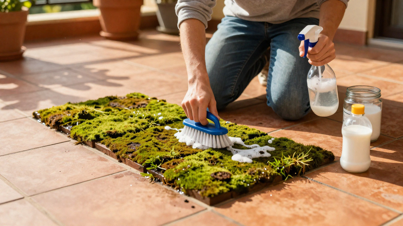 Pessoa limpando um tapete de musgo com escova, spray e produtos de limpeza em piso de cerâmica.