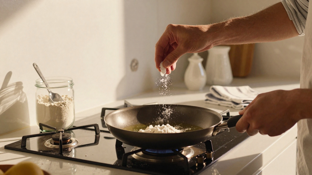 Pessoa adicionando sal em uma frigideira com óleo e farinha na boca do fogão à gás na cozinha.