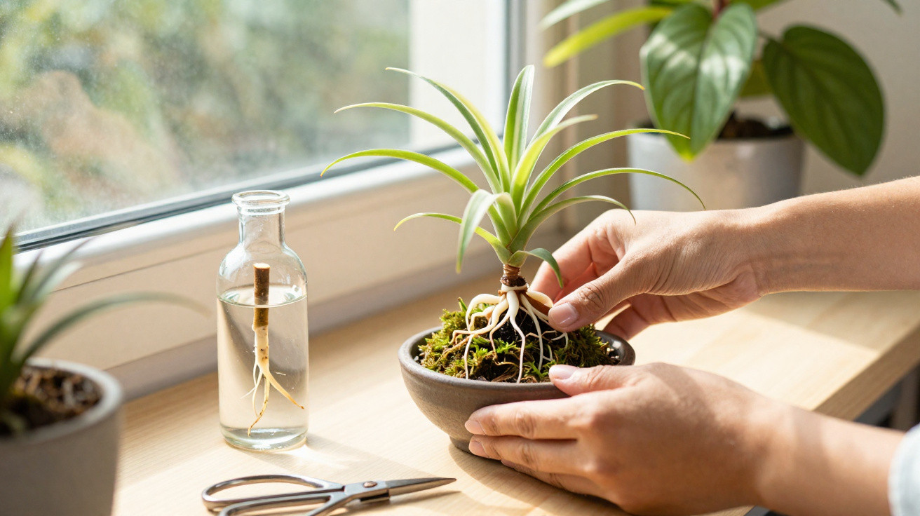 Mãos plantando muda de planta em vaso com musgo na janela, com tesoura e planta em recipiente de vidro.