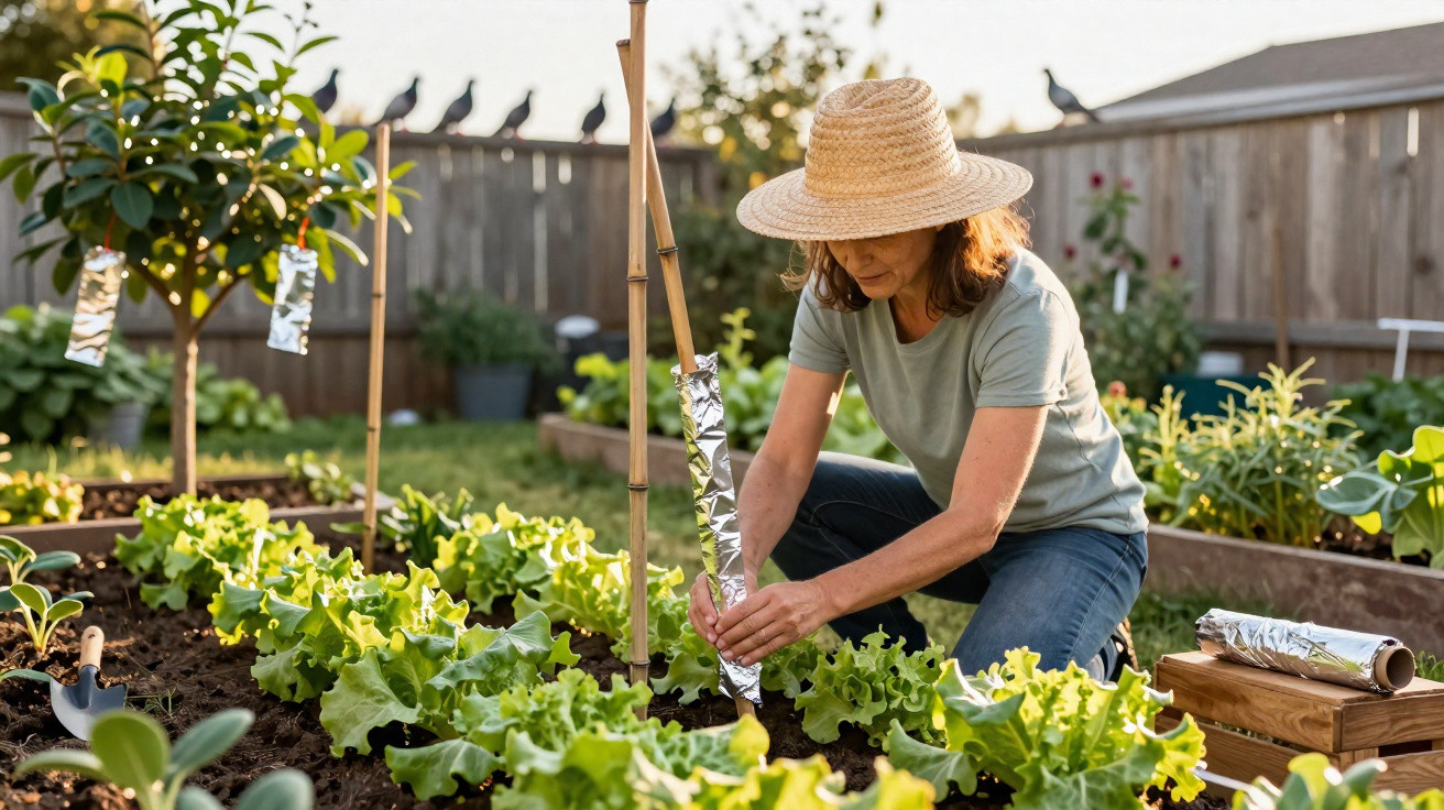 Mulher de chapéu cuidando de hortaliças em jardim, com plantas e proteção de folhas ao redor.