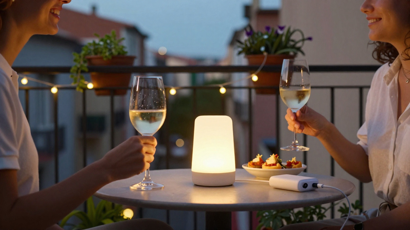 Duas pessoas brindam com taças de vinho branco em mesa ao ar livre com luz ambiente e petiscos.