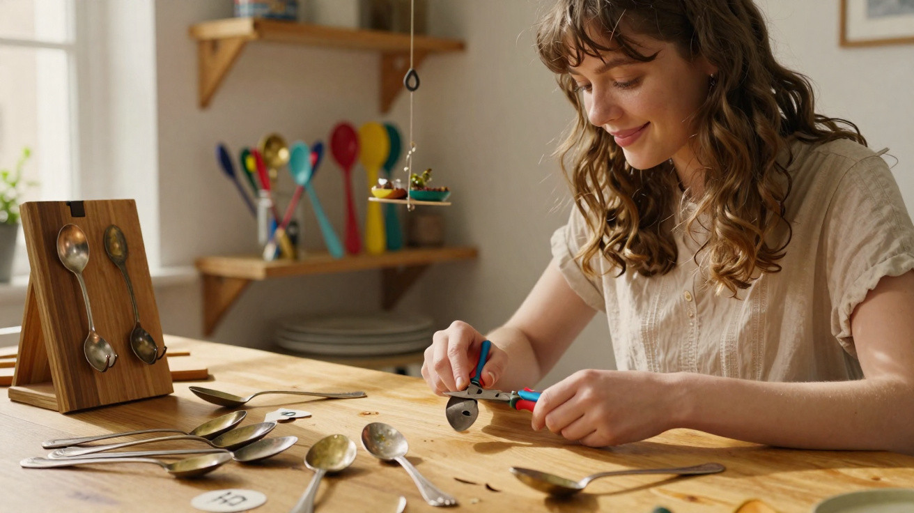 Mulher sorridente customiza colheres com alicates em mesa de madeira cheia de colheres variadas.