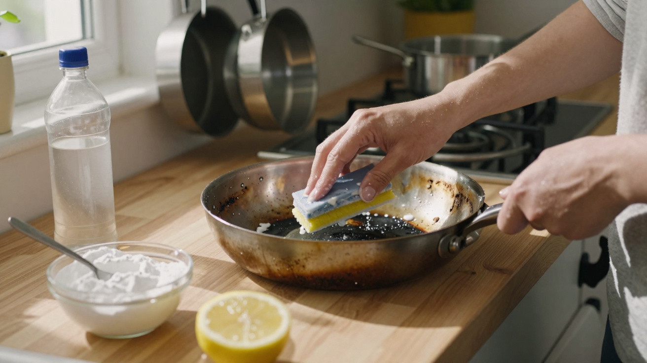 Pessoa limpando frigideira queimada com esponja na cozinha, com limão e bicarbonato na bancada.