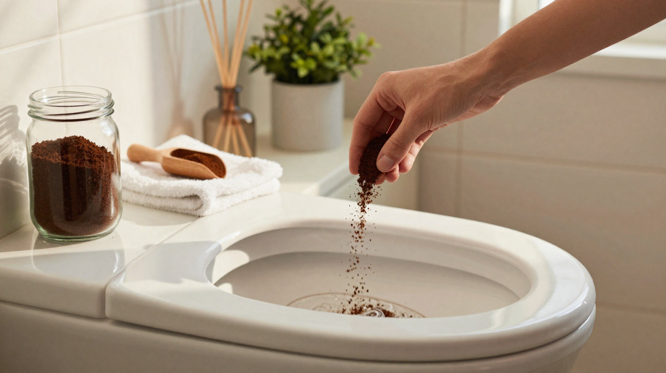 Mão espalhando café moído no vaso sanitário para limpeza, com jarro e toalha ao fundo.