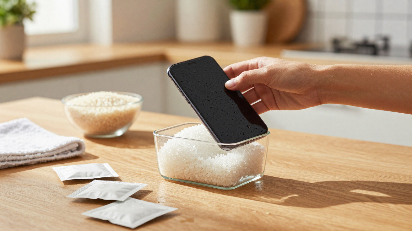 Mão segurando celular molhado sendo colocado em recipiente com arroz para secar em mesa de madeira.